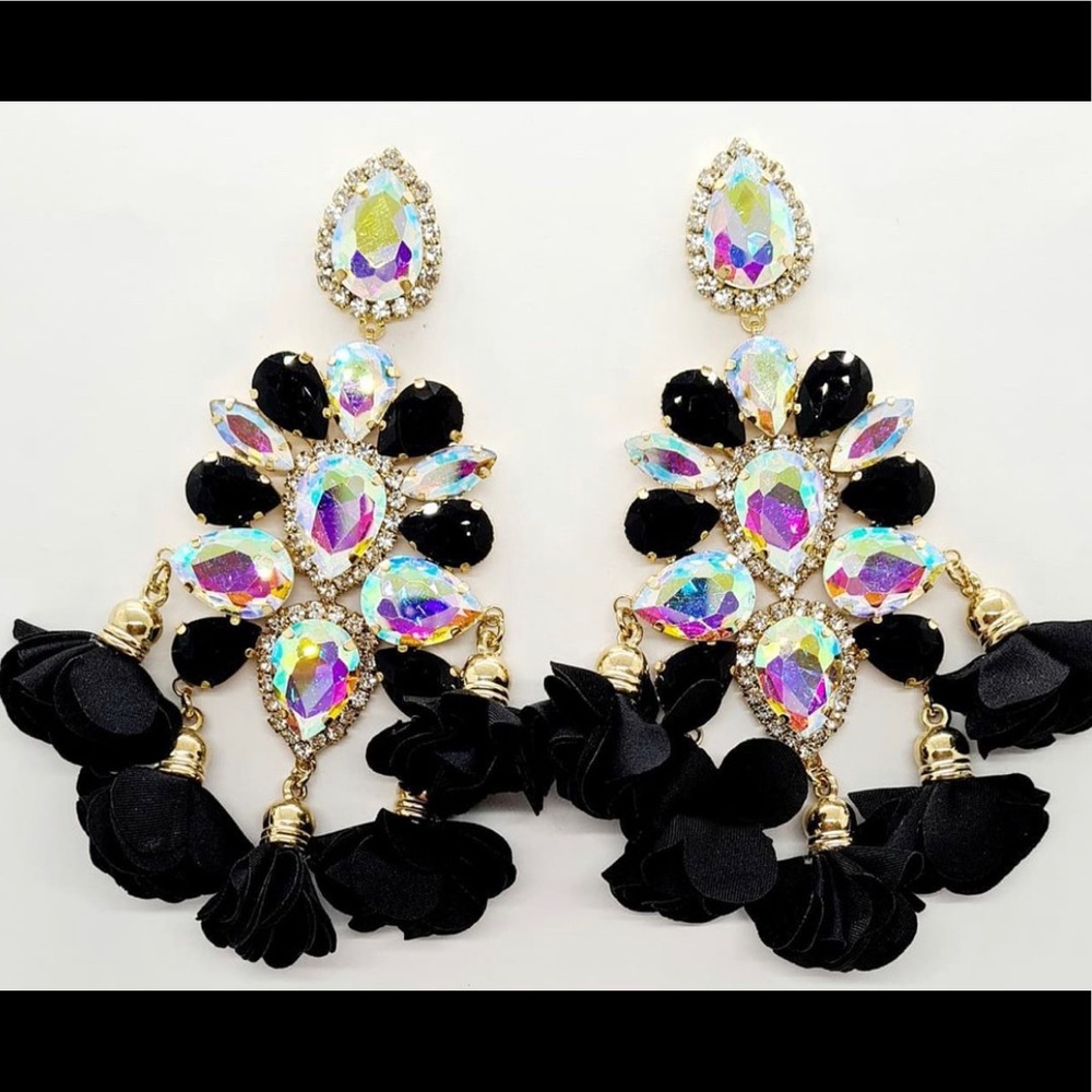Black snd AB Swarovski Crystal Fringe Earrings